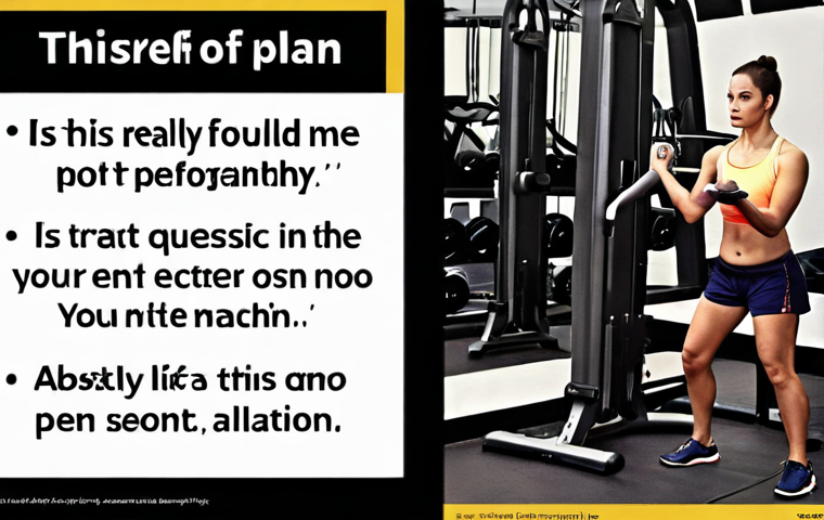 A person looking doubtfully at a generic workout plan given by a trainer, surrounded by gym equipment, with text overlay "Is this really for me?". The scene should convey uncertainty and questioning the personalization of the program.